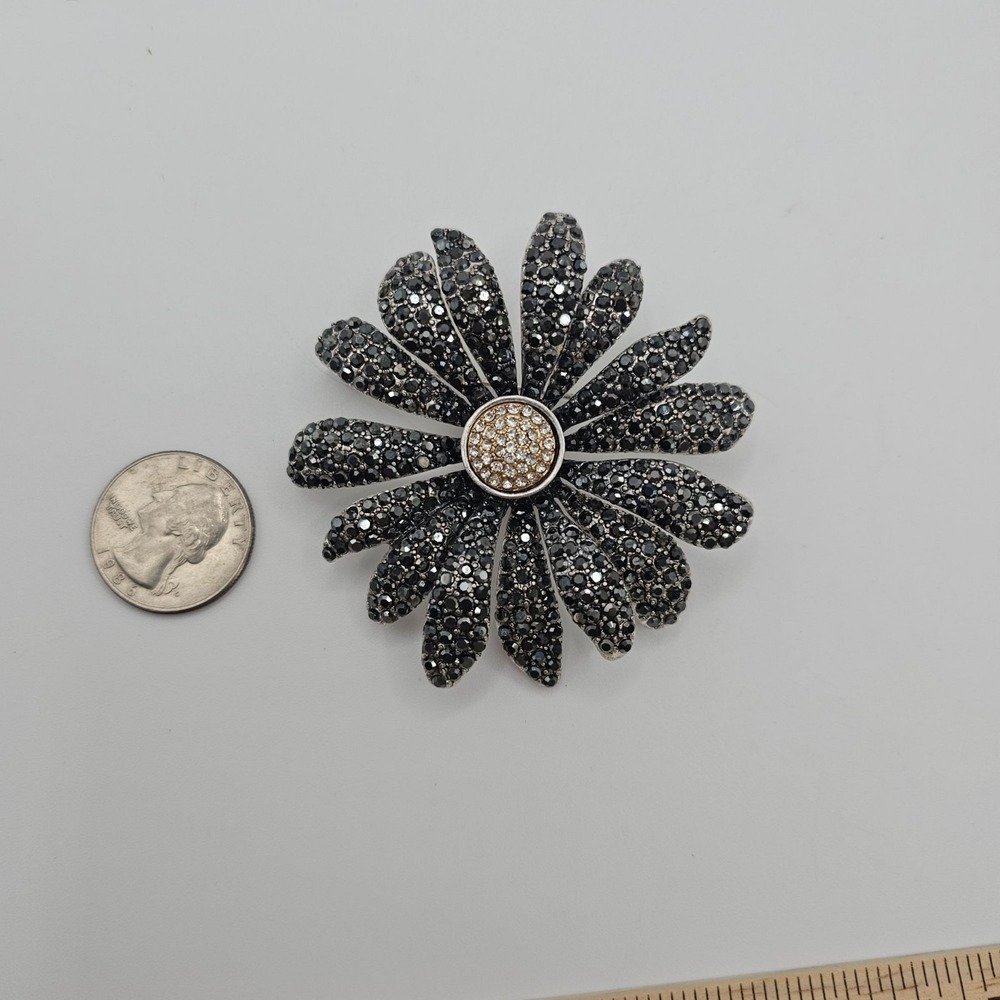 Floral‎ Rhinestone Brooch Pin Dark Silver Tone Daisy Statement 2.75" Sparkle - Picture 13 of 13